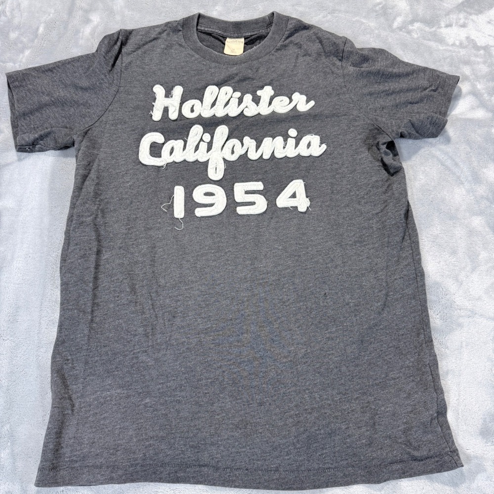 Hollister California Mens Sewn Letters T-Shirt Gray Short Sleeve Logo Size M Y2K